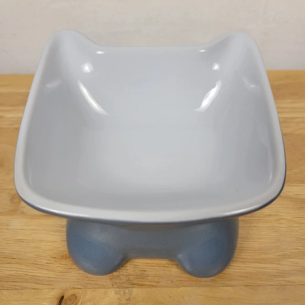 Whisker City Blue Ceramic Elevated Cat Bowl Raised Pet Feeder Dish